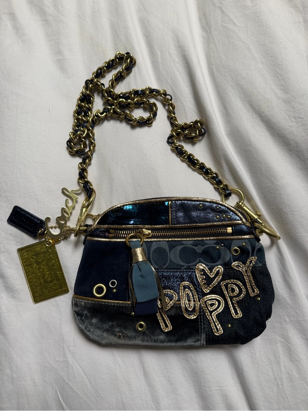 Rare Coach Poppy Embroidered Patchwork Crossbody Bag - Navy/Gold